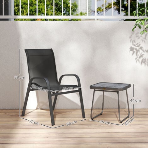 Outsunny 3 Pieces Outdoor Bistro Set, Patio Stackable Armchairs with Breathable Mesh Fabric and SPC Board Coffee Table Black