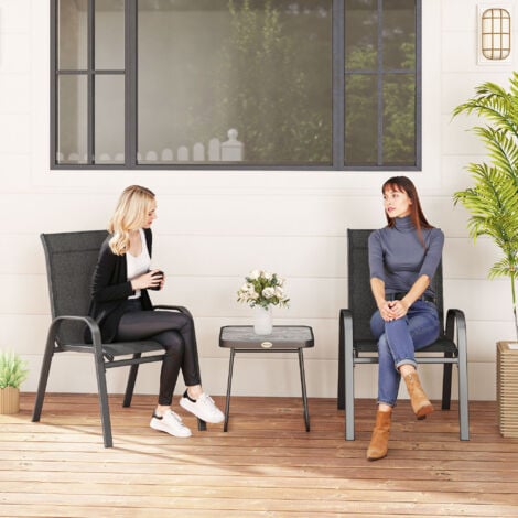 Outsunny 3 Pieces Outdoor Bistro Set, Patio Stackable Armchairs with Breathable Mesh Fabric and SPC Board Coffee Table Black