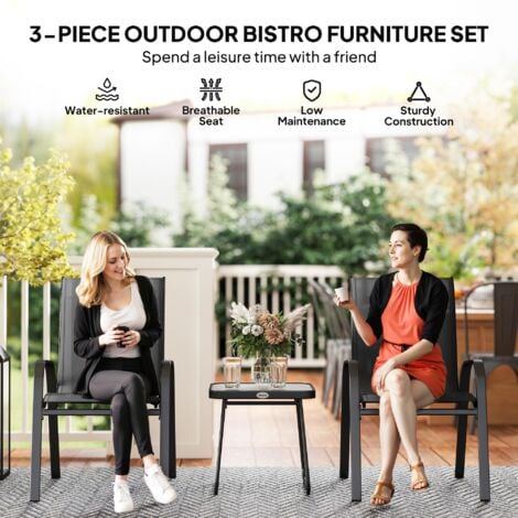 Outsunny 3 Pieces Outdoor Bistro Set, Patio Stackable Armchairs with Breathable Mesh Fabric and SPC Board Coffee Table Black