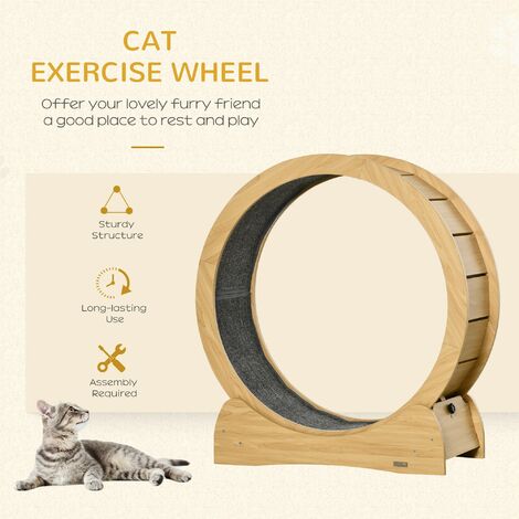 "PawHut Cat Treadmill, 30"" Wooden Cat Running Wheel with Brake Natural"