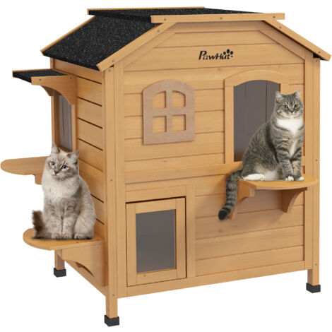 PawHut Wooden Cat House Condos Cat Cave Pet Shelter 2 Floor Villa Outdoor Natural