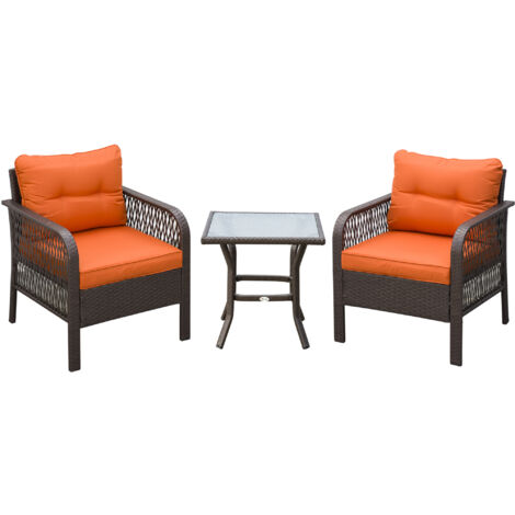 Outsunny 3 Pieces Patio Rattan Bistro Set with Tempered Glass Table Orange