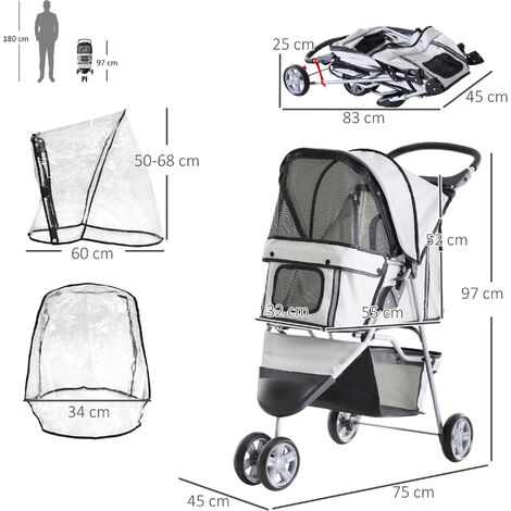 PawHut Dog Stroller W/ Cover, Folding Cat Pram Dog Pushchair for S XS Dogs Grey