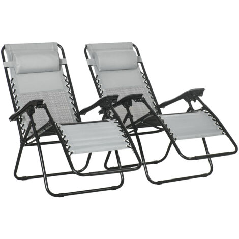 Outsunny Foldable Garden Recliner Chair Set of 2 w/ Footstool & Headrest Grey