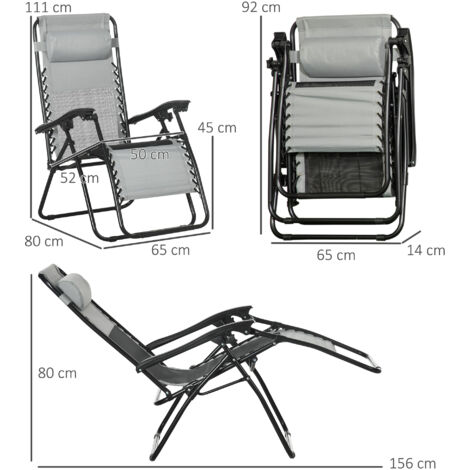 Outsunny Foldable Garden Recliner Chair Set of 2 w/ Footstool & Headrest Grey
