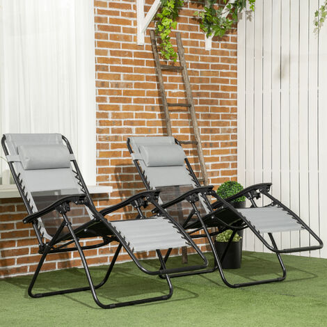 Outsunny Foldable Garden Recliner Chair Set of 2 w/ Footstool & Headrest Grey