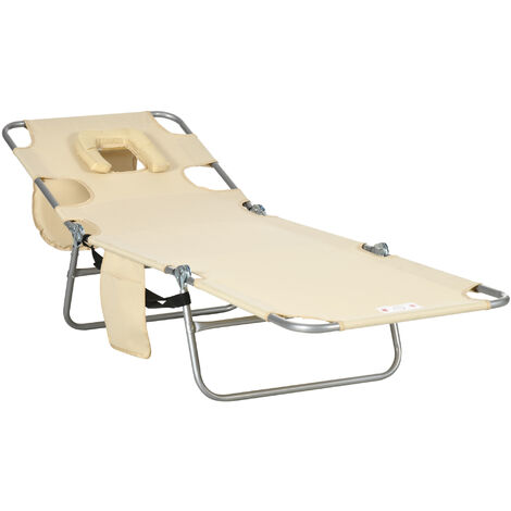 Outsunny Beach Chaise Lounge w/ Face Cavity & Arm Slots, Portable Sun Lounger Beige