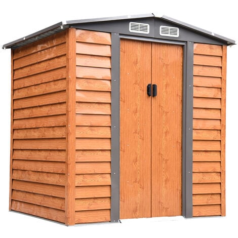 Outsunny 5 X 7ft Metal Garden Shed House Hut Gardening Tool Storage Brown With Wood Grain