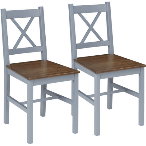 Pine Wood Dining Chairs Set of 2 with Cross Back for Living Room, Kitchen Grey