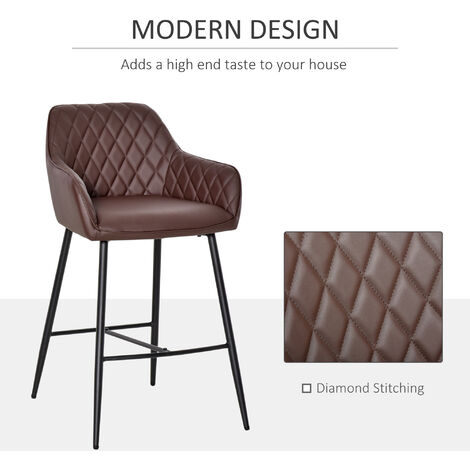 HOMCOM Set Of 2 Retro PU Leather Bar Chairs Set Stylish w/ Footrest Metal Frame