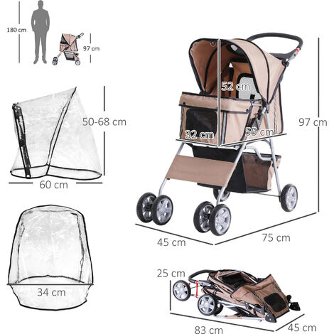 PawHut Dog Stroller W/ Rain Cover, Foldable Pet Pram for S, XS Dogs, Brown