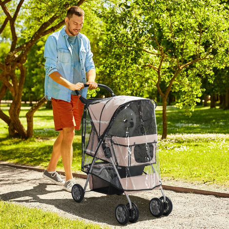 PawHut Dog Stroller W/ Rain Cover, Foldable Pet Pram for S, XS Dogs, Brown