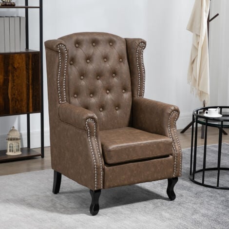 HOMCOM Wingback Armchair Chesterfield-style High Back Chair Tufted Accent Chair Brown