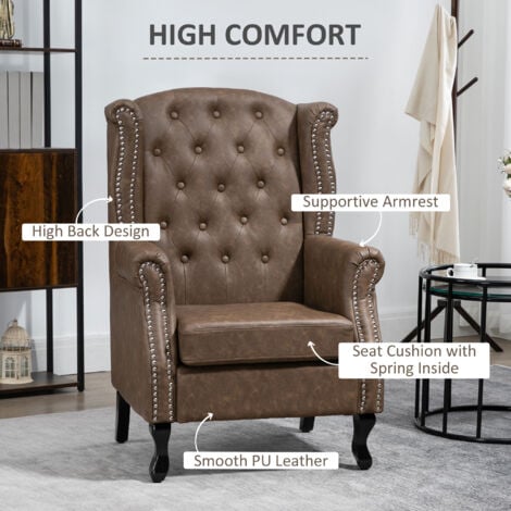 HOMCOM Wingback Armchair Chesterfield-style High Back Chair Tufted Accent Chair Brown