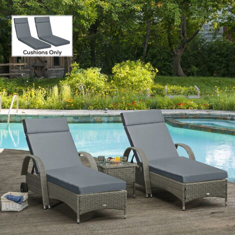Outsunny Set of 2 Sun Lounger Cushions, Replacement Cushions Grey