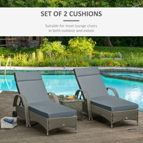 Outsunny Set of 2 Sun Lounger Cushions, Replacement Cushions Grey