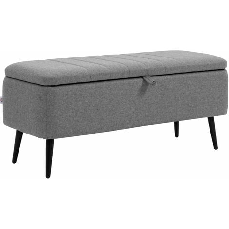 HOMCOM Storage Ottoman Bench, Linen Fabric Footstool with Steel Legs Grey