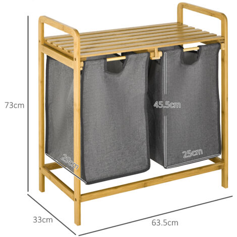 HOMCOM Bamboo Laundry Basket with Shelf Pull-out Bags for Bedroom Laundry Room