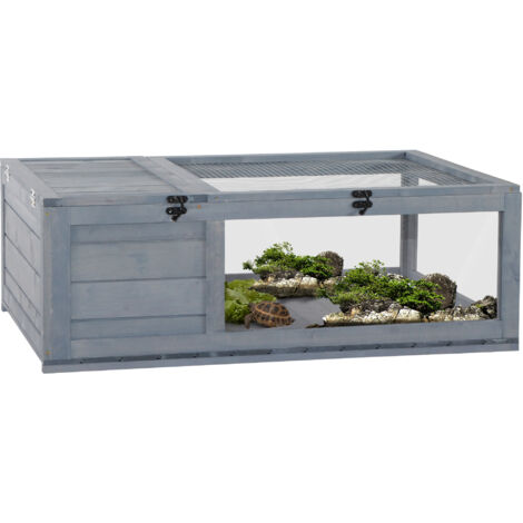 PawHut Tortoise House w/ Mesh Roof, Small Pet Reptile Wooden House - Grey