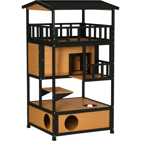 PawHut Wooden Outdoor Cat House 3-Tier Kitten Shelter w/ Tilted Roof Yellow