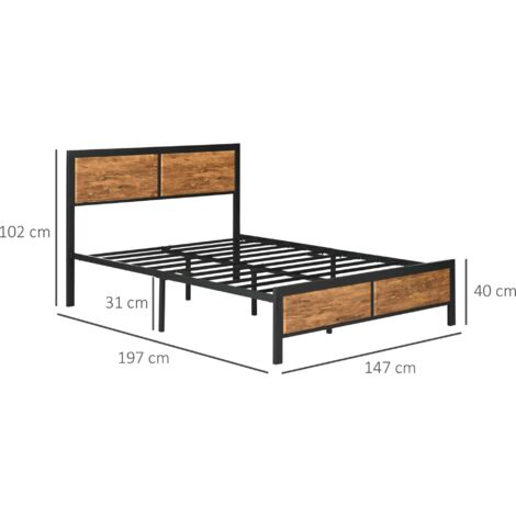 HOMCOM Double Size Bed Frame Steel Bed Base with Headboard 147 x 197cm Brown