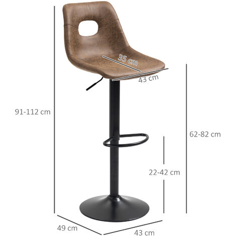 HOMCOM Retro Bar Stools Set of 2 Adjustable Height Swivel Leather-Like Brown