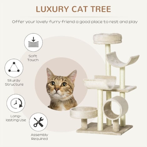 PawHut Cat Tree for Indoor Cats with Scratching Post Perch Tunnel Beige