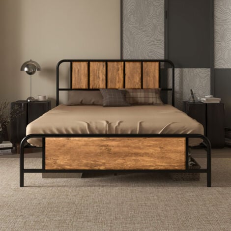 HOMCOM Bed Frame Steel Bed Base with Headboard Rustic Brown 45 x 199cm