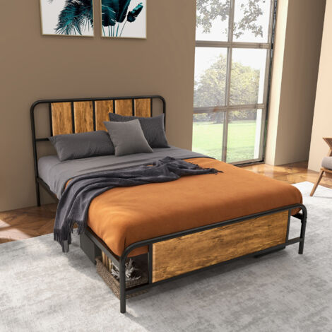 HOMCOM Bed Frame Steel Bed Base with Headboard Rustic Brown 45 x 199cm