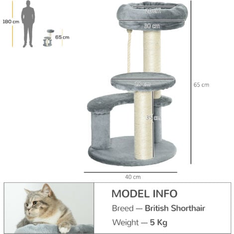 PawHut 65 cm Cat Tree for Indoor Cats Kitty Scratcher Scratching Post 2 Perch Grey