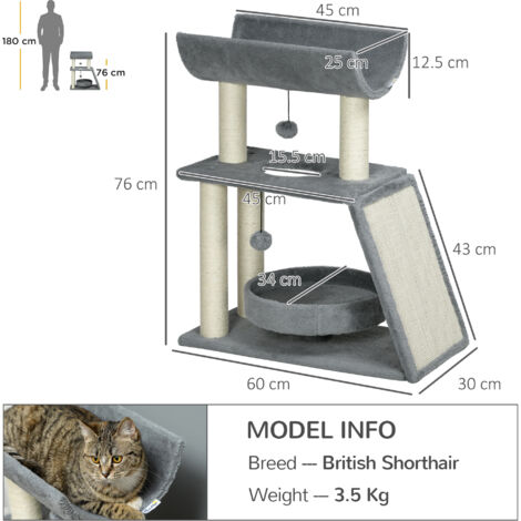 PawHut Cat Tree for Indoor Cats with Scratching Posts Pad with Perch Ball Toy Grey