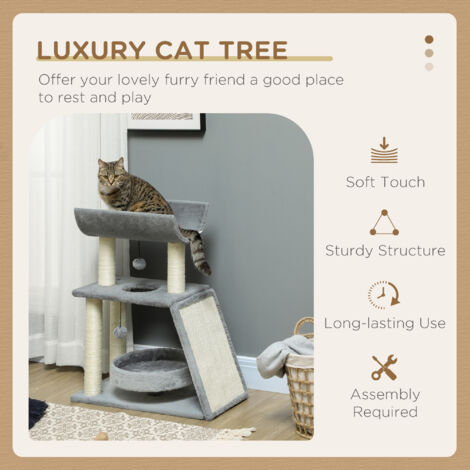 PawHut Cat Tree for Indoor Cats with Scratching Posts Pad with Perch Ball Toy Grey