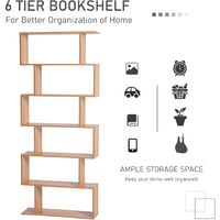 HOMCOM Wooden Wood S Shape Storage Display 6 Shelves Bookshelf - Maple