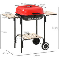 Outsunny Charcoal Steel Grill Portable BBQ Outdoor Garden w/ Wheels Wood Shelves Red