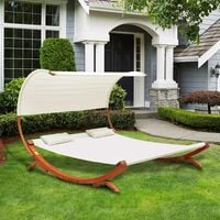 Outsunny Double Bed Hammock Sun Lounger Outdoor Wood Cream White Garden
