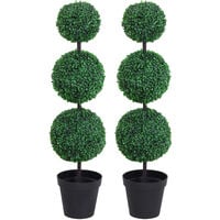 Outsunny Set of 2 Artificial Trees Plants 3 Balls w/ Black Cement Pot
