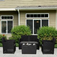 Outsunny Garden PP Rattan Style Sofa Table Set 4 Seater Outdoor Patio 2 Single Chairs & 1 Bench Conservatory Furniture Cushioned Black