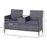 Outsunny PE Rattan Duo Seat Table Bench w/ Padded Cushions Glass Tabletop Grey