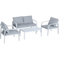 Outsunny 4 Pcs Aluminium Garden Dining Set w/ Chairs Sofa Glass Top Table White