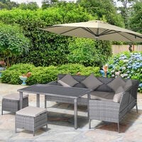 Outsunny Garden Outdoor 5 PCs Patio Rattan Corner Dining Set 6 Seater Wicker Sofa, Foot Stool, Dining Table with White Cushions - Mixed Grey