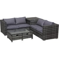 Outsunny 4 pcs Rattan Furniture Sofa Storage Table Set w/ 2 Drawers Table Grey