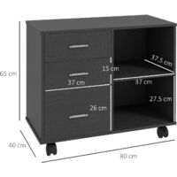 HOMCOM Freestanding Storage Cabinet w/ 3 Drawers 2 Shelves 4 Wheels Office Black