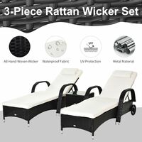 Outsunny Garden Rattan Furniture 3 PC Sun Lounger Recliner Bed Chair Set with Side Table Wicker (Black)