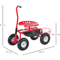 Outsunny Adjustable Rolling Garden Cart Outdoor Gardening Planting Station Trolley Swivel Gardener Work Seat Heavy Duty With Tool Tray & Basket Red 150kg