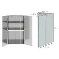 kleankin Corner Mirrored Bathroom Cabinet w/ 3 Shelves 2 Doors On-Wall Storage Unit Organiser Stainless Steel Frame Home Furnishing