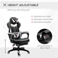 Vinsetto Ergonomic Racing Gaming Chair Office Desk Chair Adjustable Height Recliner with Wheels, Headrest,Lumbar Support Retractable Footrest Home Office, White