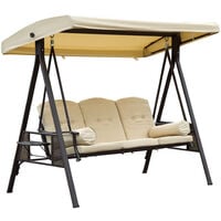 Outsunny 3 Seat Garden Swing Chair Patio Steel Swing Bench w/ Cup Trays Beige