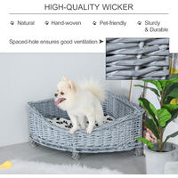 PawHut Wicker Raised Dog Bed Cat Sofa Elevated Couch Lifted Corner with Soft Plush Cushion Elevated Base Grey 58 x 58 x 28cm
