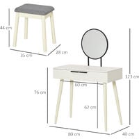 HOMCOM Dressing Table Vanity Set Make Up Desk with Round Mirror & Stool White