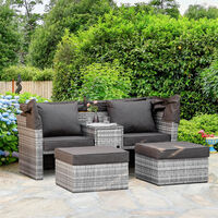 Outsunny 3 PC Outdoor Rattan Daybed Sofa Stool Table Set w/ Canopy, Cushion